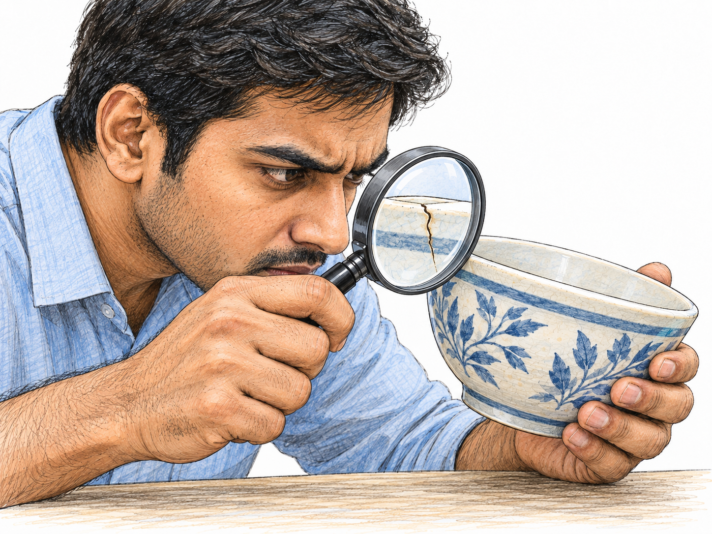 A man carefully examines a small ceramic bowl through a magnifying glass, concentrating on a fine hairline crack rather than casually looking at the whole object.