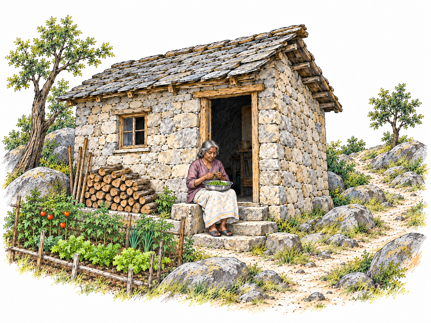 A tiny, plainly inhabited stone dwelling stands alone in a remote rocky clearing, sheltered by trees.