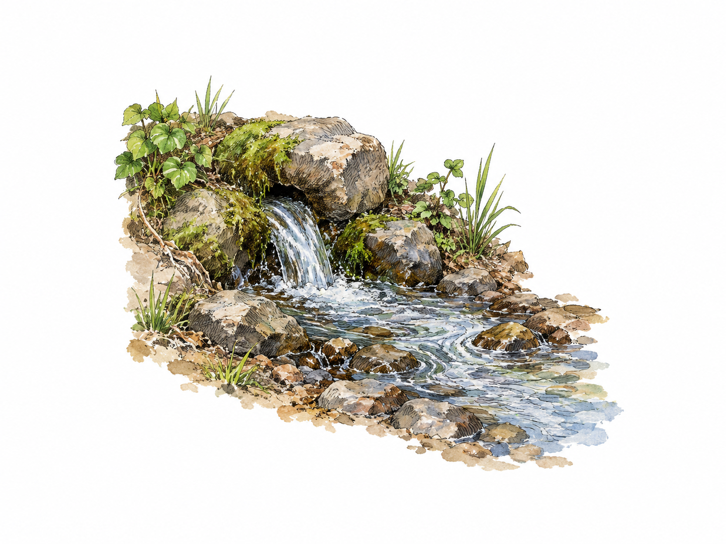 A small spring emerges from ground and becomes a new stream, clearly visible origin point, sparse landscape fragment.