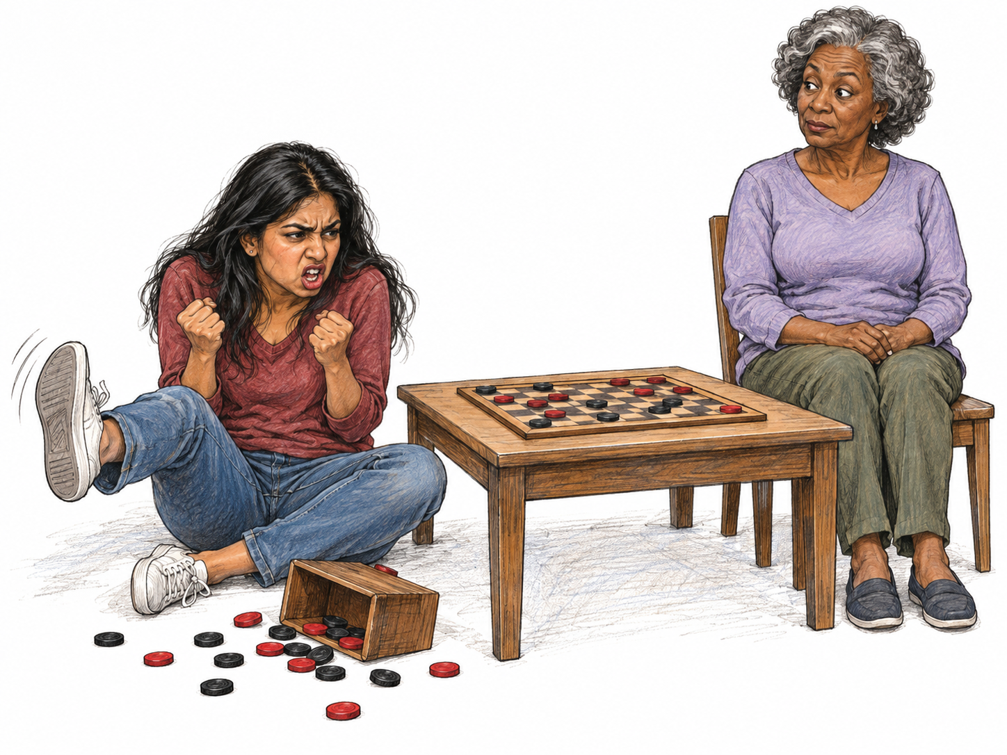 A young adult throws a visibly childish tantrum after losing a board game, while her older opponent remains seated.