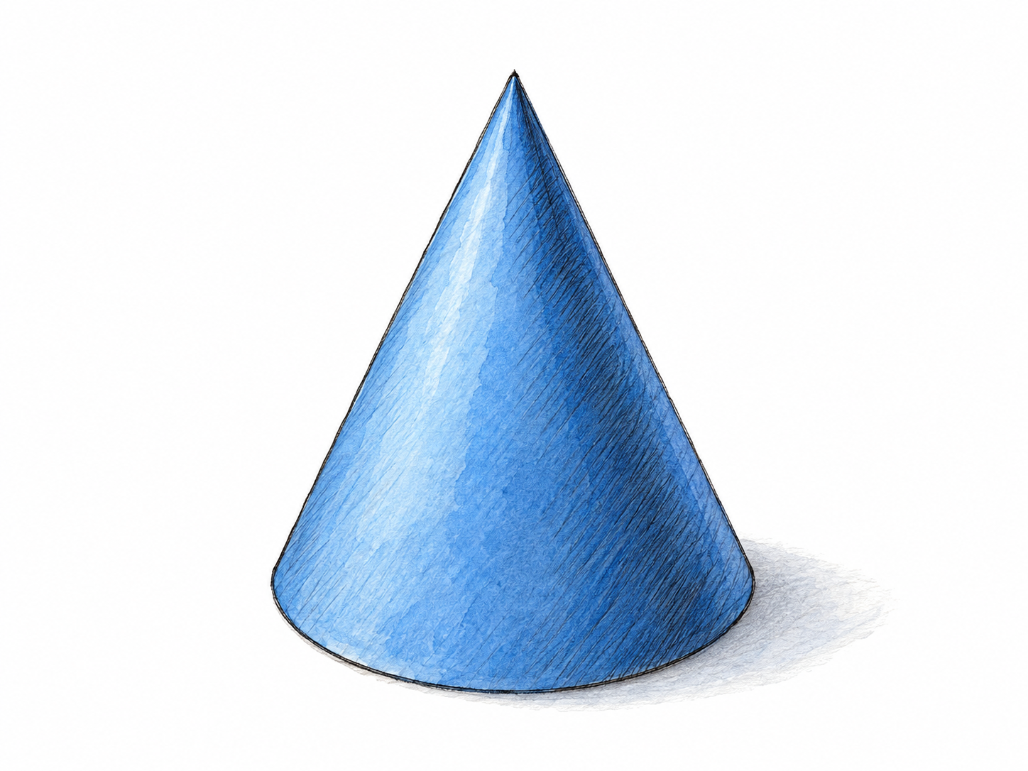One plain solid geometric cone, upright with a sharp apex and a clearly curved circular base, isolated on white.