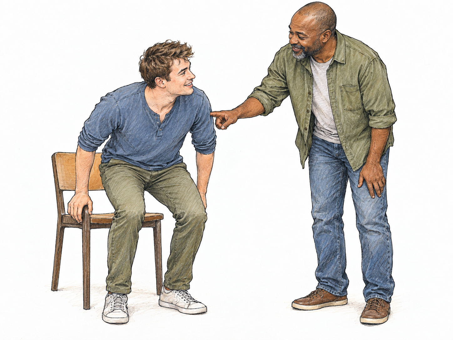 A middle-aged man gently pokes a seated young man's upper arm to urge him to get moving; the young man responds by leaning forward and beginning to stand.