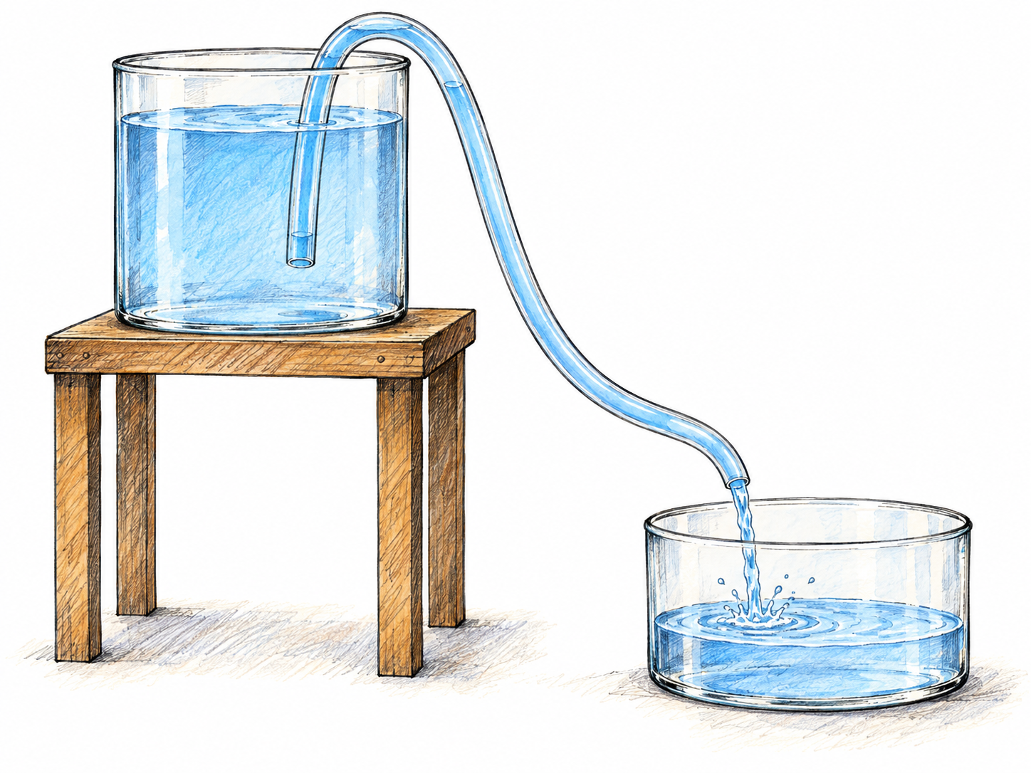 A transparent tube siphons pale blue water from a nearly full elevated glass vessel into a lower receiving vessel.