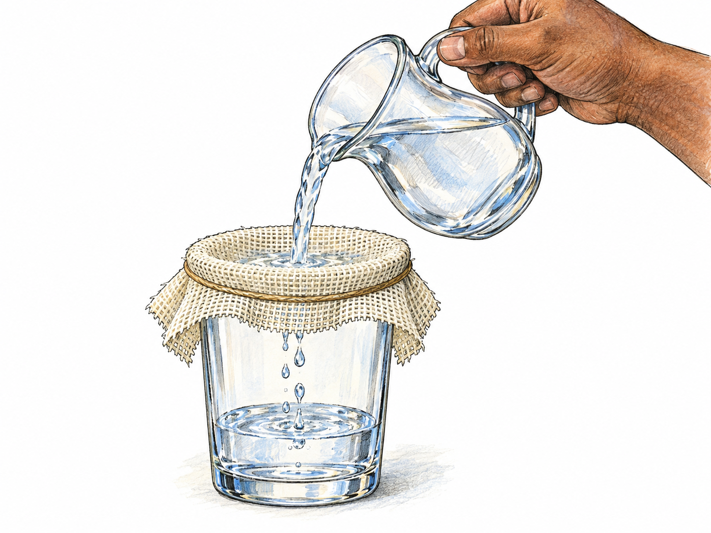 Water is being poured from a small tilted clear jug onto coarse cream woven cloth stretched across a transparent glass.