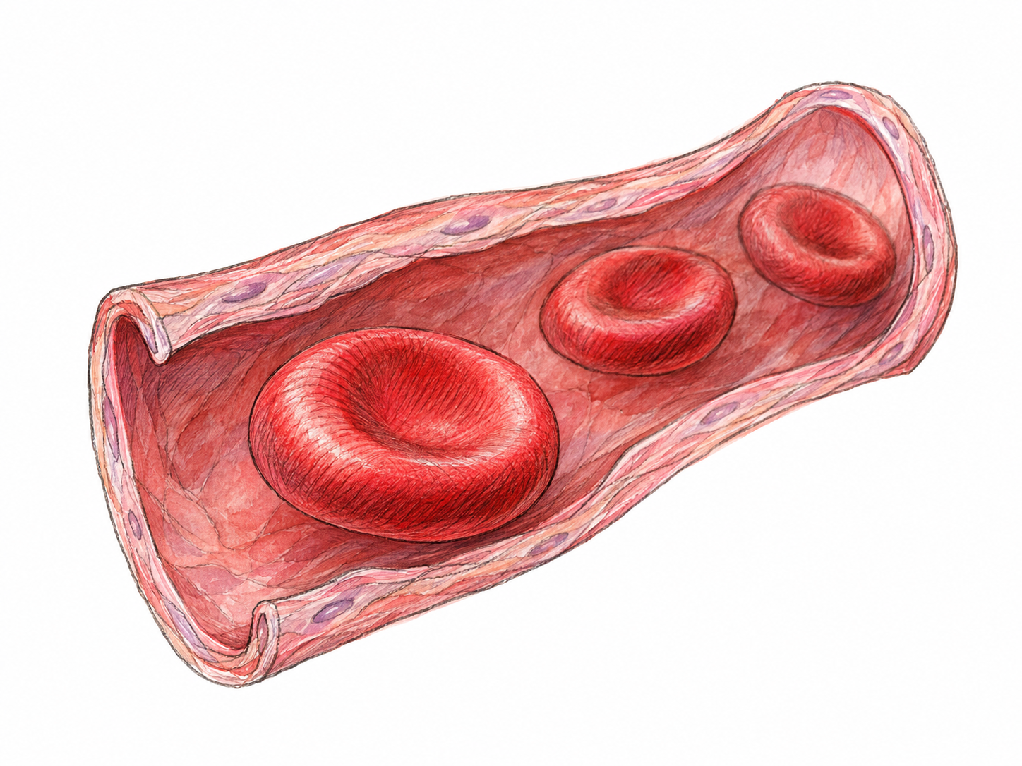 A magnified view of three red blood cells within a short, open-ended segment of a tiny blood vessel, with one cell prominent enough to show its characteristic indented disc shape.