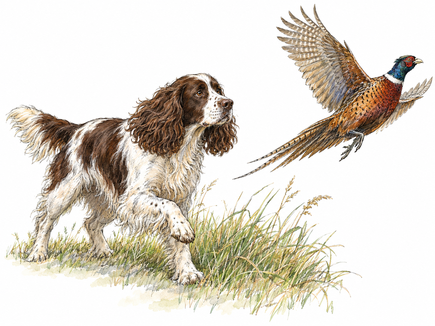 A recognizable liver-and-white English springer spaniel flushing a pheasant from a small clump of grass, showing both the breed's characteristic appearance and its bird-hunting role.
