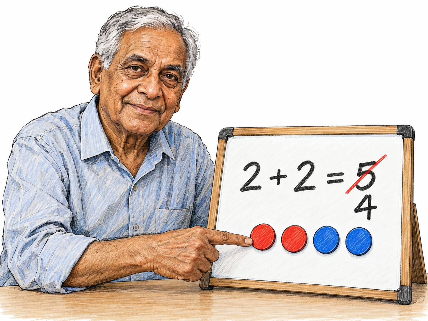 An older man disproves an incorrect arithmetic result by matching each term to visible counters: two red counters plus two blue counters make four, not five.