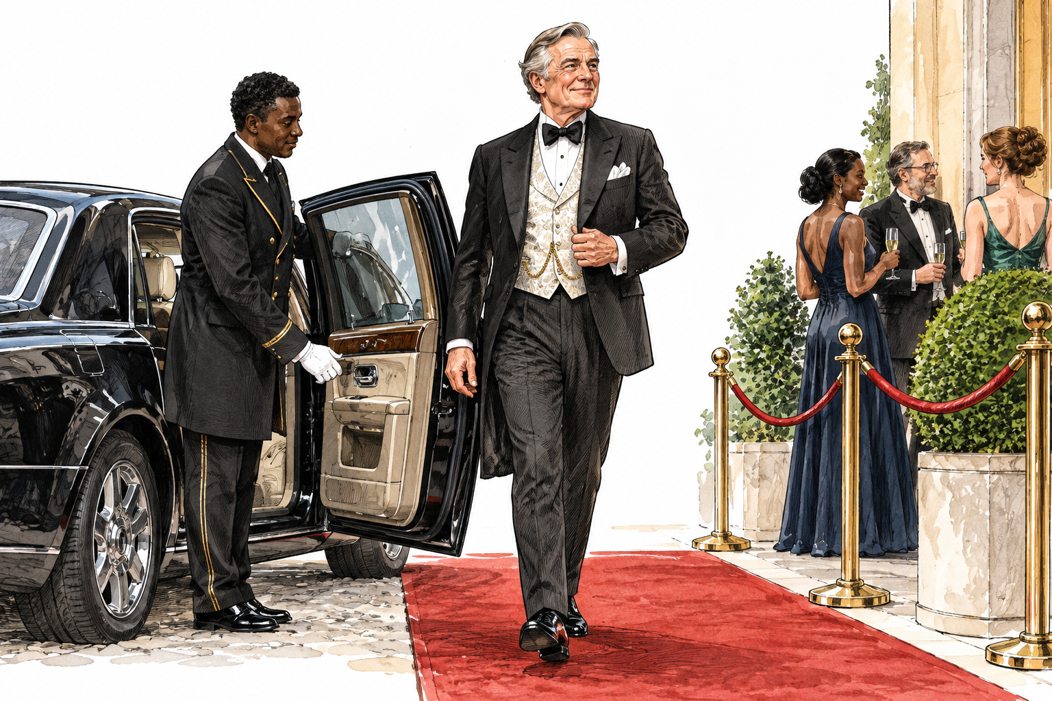 Wealthy white gentleman in fine suit arrives at exclusive event with attendant.