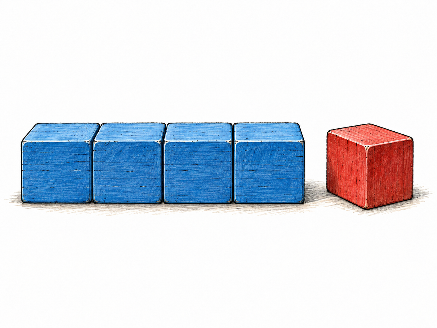 A row of identical blue toy blocks neatly aligned while one red block is conspicuously sideways outside the expected row; departure from pattern clear.