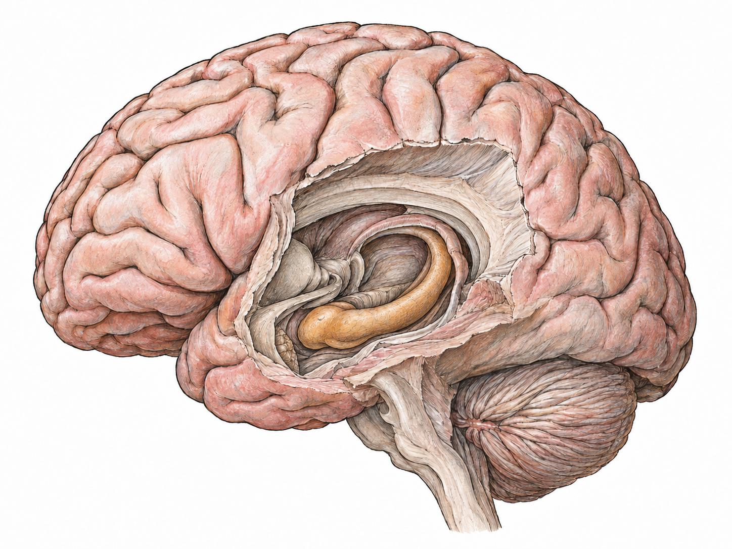 An anatomically accurate cutaway of a human brain exposes and selectively colors the curved hippocampus within the medial temporal lobe, making the named structure—not its sea-horse namesake—the clear subject.