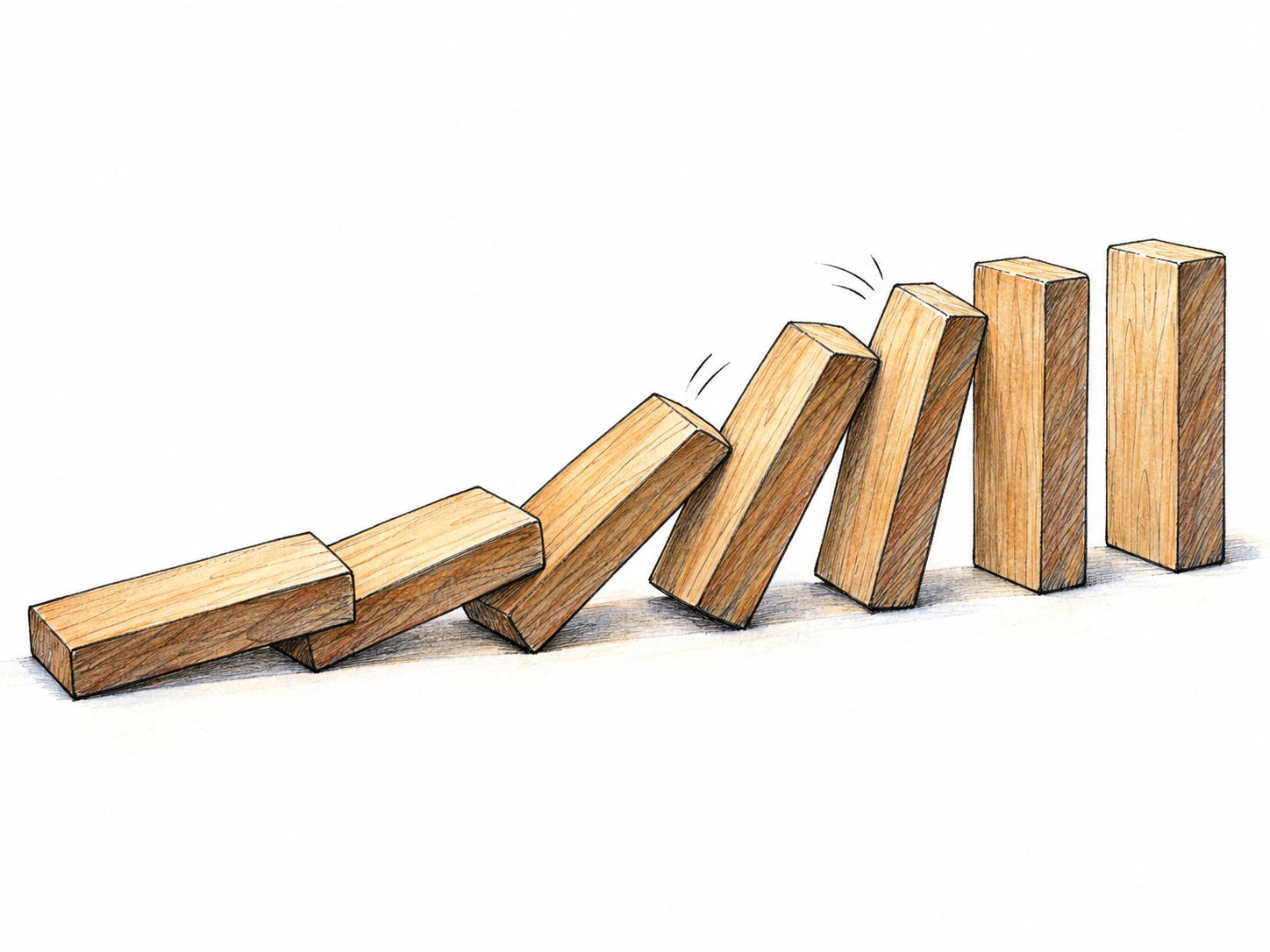A chain reaction in a short row of wooden domino blocks: falling blocks visibly strike their neighbors, causing the next blocks to topple.