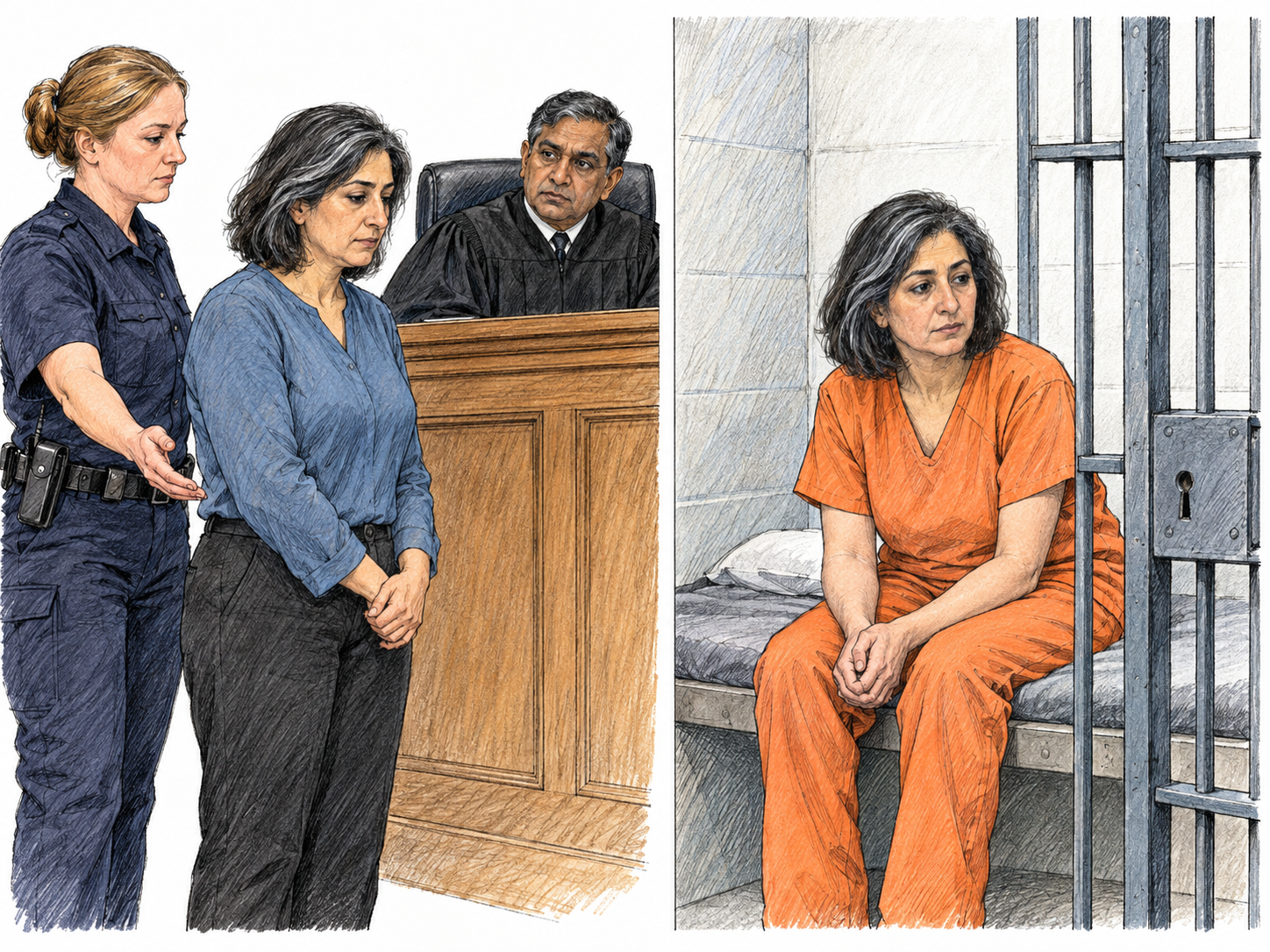 A compact two-scene sequence follows the same woman from a courtroom sentencing scene to life in a prison cell, combining judicial judgment and imprisonment to make the noun 'convict' recognizable.