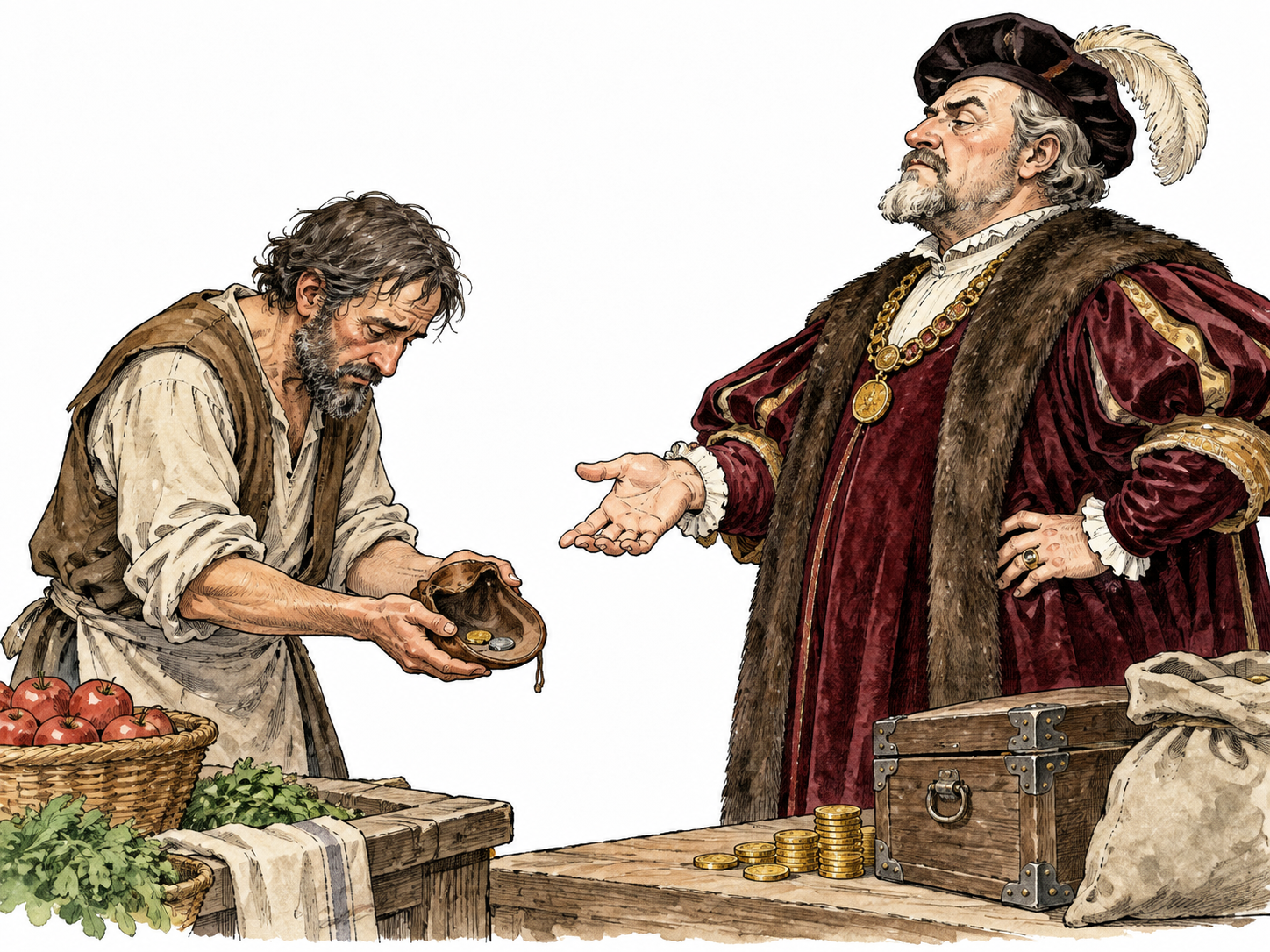 A wealthy collector demands more coins from an exhausted vendor whose purse is nearly empty, unfair pressure without violence.