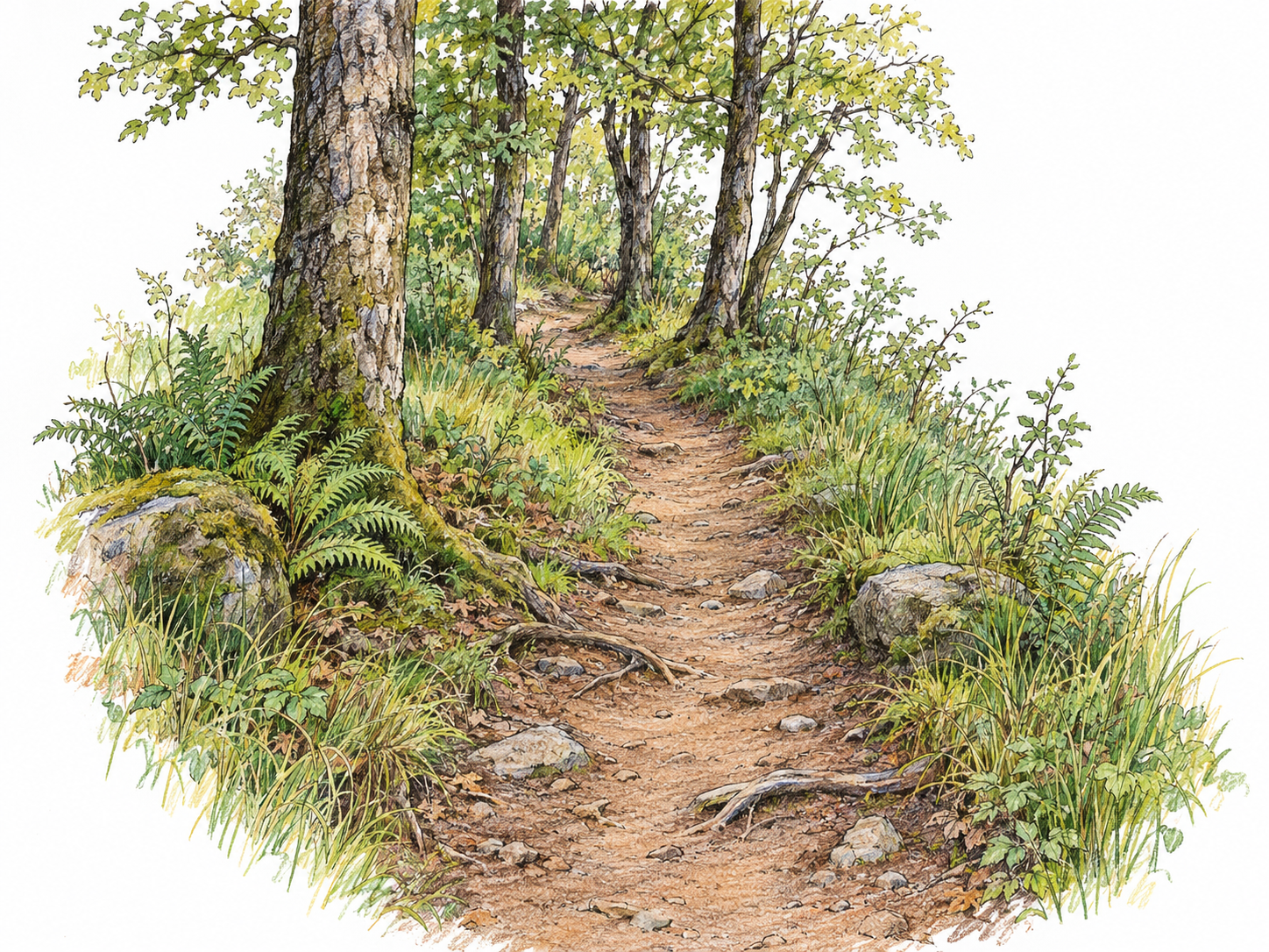 A narrow, visibly worn dirt footpath curves through a natural woodland, bordered by grasses, ferns, rocks, and a few trees.