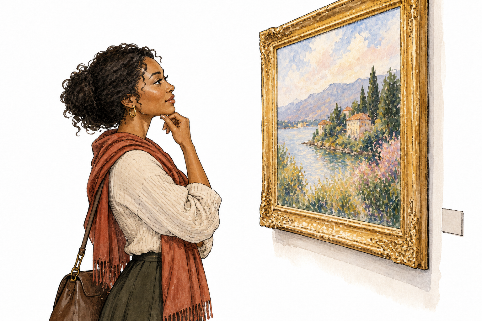 An art viewer thoughtfully studies subtle colors and composition of a painting, refined taste.