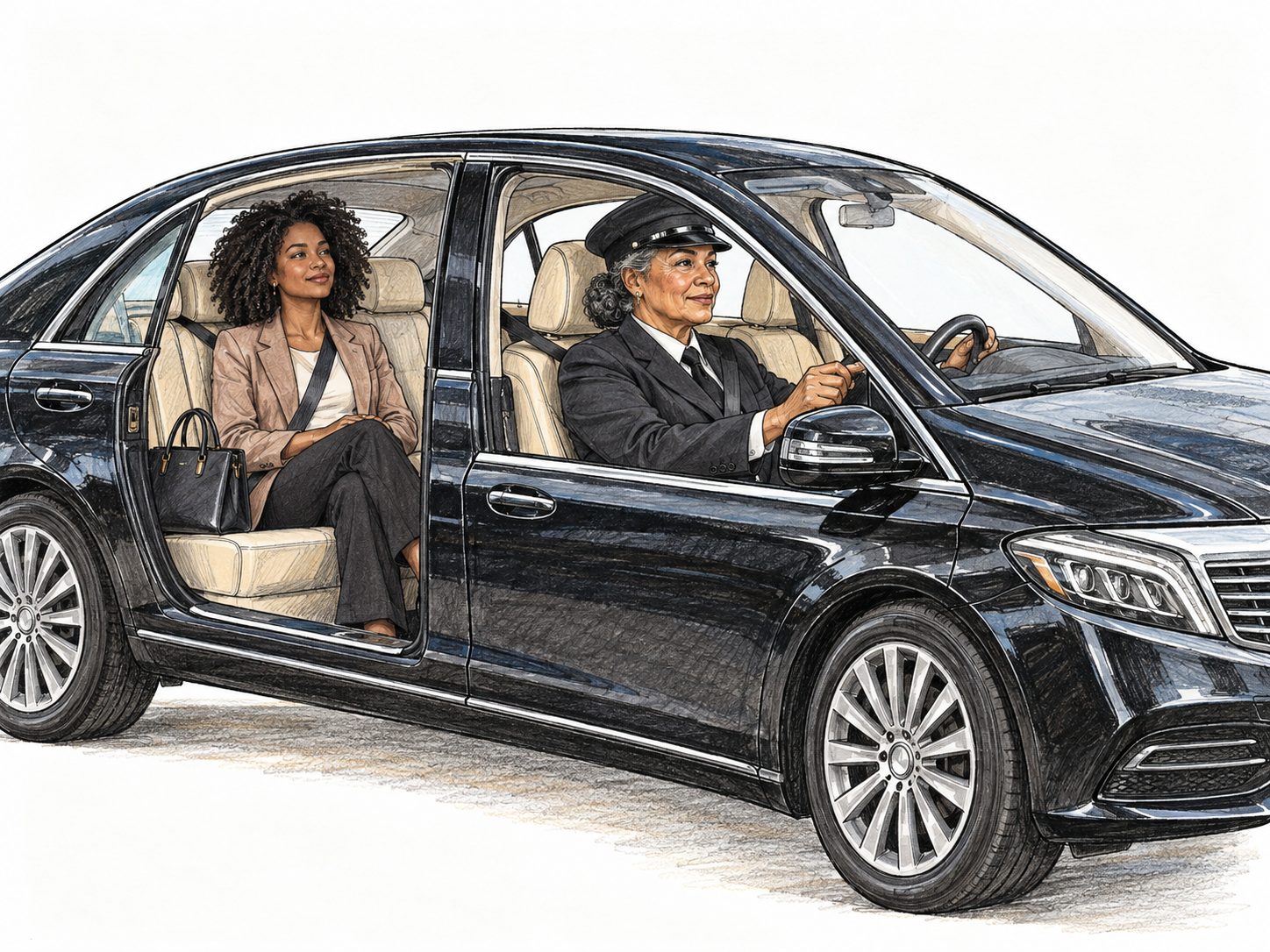A uniformed professional chauffeur drives an unmarked luxury private car while her passenger sits in the rear seat.