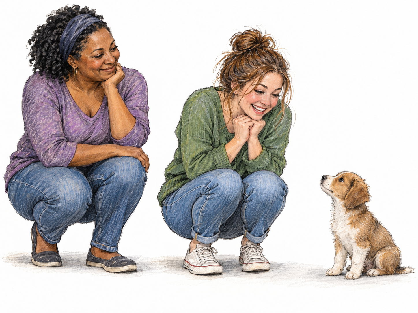 A young woman is comically enthralled by a tiny puppy, clasping her hands beneath her chin and leaning forward with an enormous delighted smile.