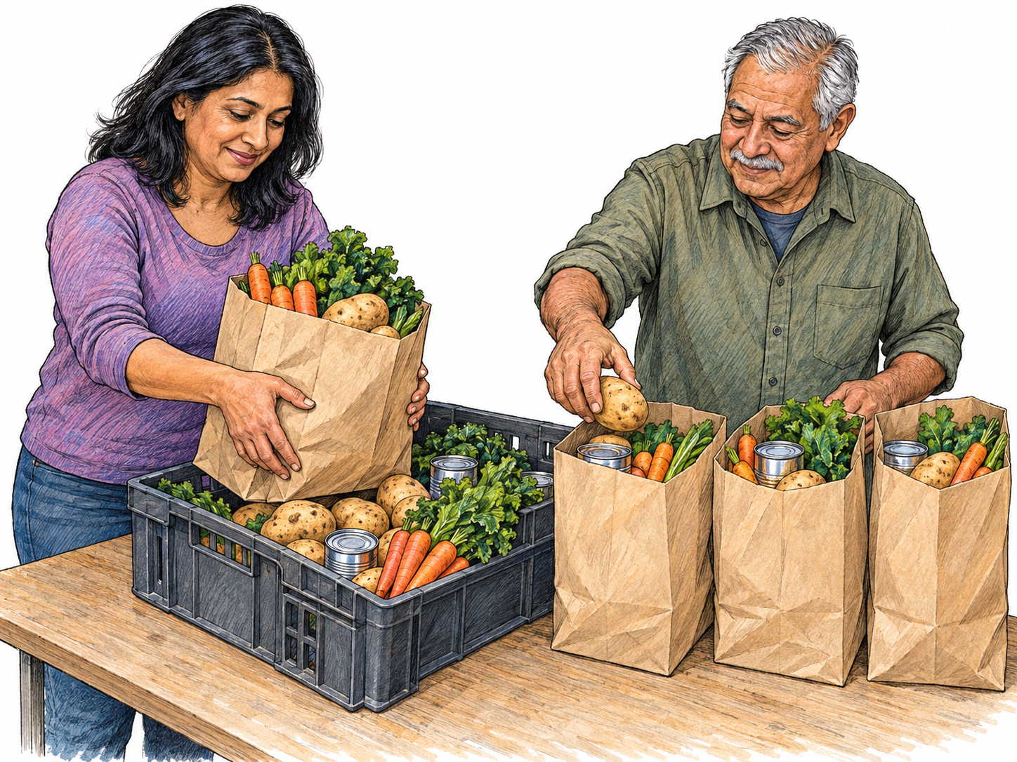A woman adds her bag of fresh vegetables to a shared food collection while a volunteer packs the pooled supplies into several matching food parcels.