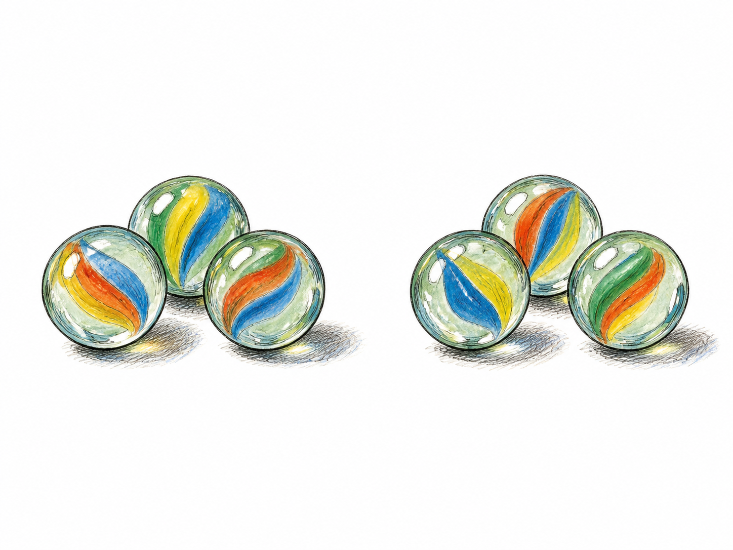 Exactly six identical marbles arranged into two clearly separated equal groups of three, whole can divide evenly; no extra marbles, numbers or symbols.