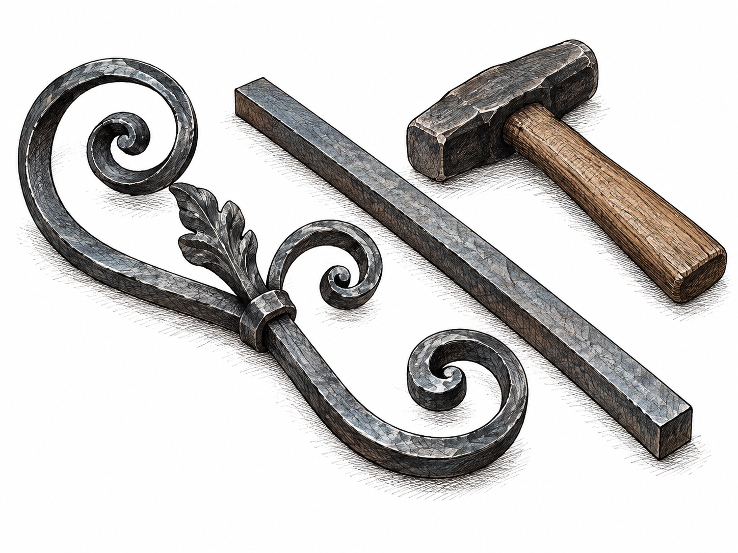 A finished piece of wrought iron scrollwork lies beside a straight iron bar and hand hammer, curved forged form contrasts with raw stock.