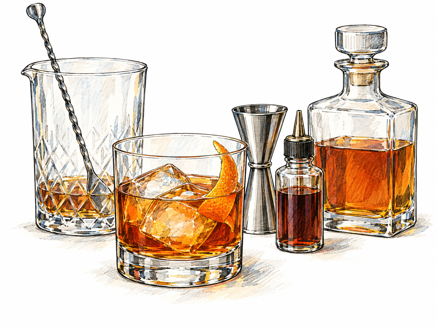 A freshly mixed amber cocktail in a low tumbler with ice and an orange twist, accompanied by a metal jigger, mixing glass and small bitters bottle.