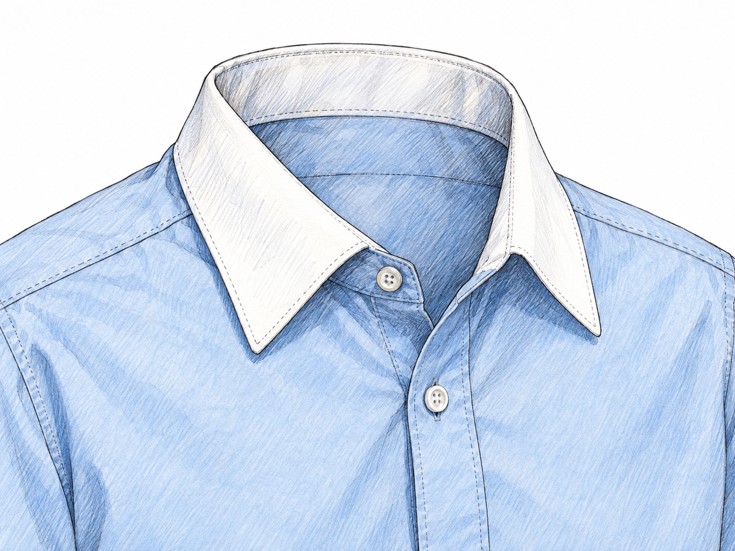 A close view of the upper portion of a pale blue shirt, with its contrasting white collar clearly wrapping around the neck opening and folding into two points at the front.