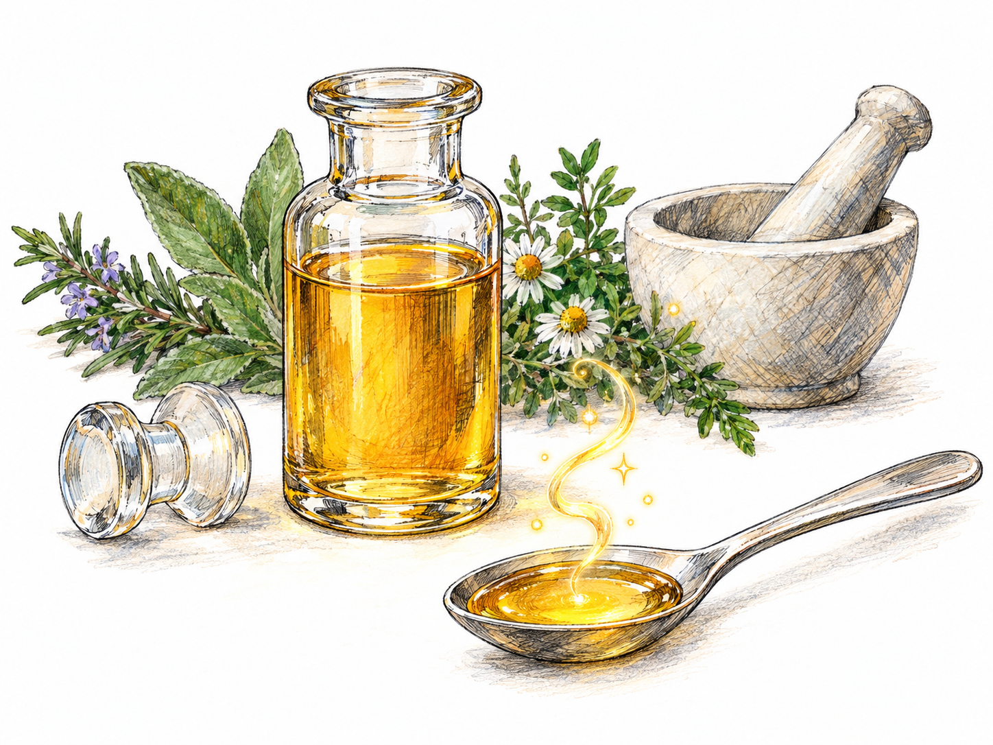A stoppered apothecary vial of luminous golden liquid beside a filled medicine spoon and medicinal herbs; a small magical shimmer rising from the spoon distinguishes the preparation from ordinary medicine.