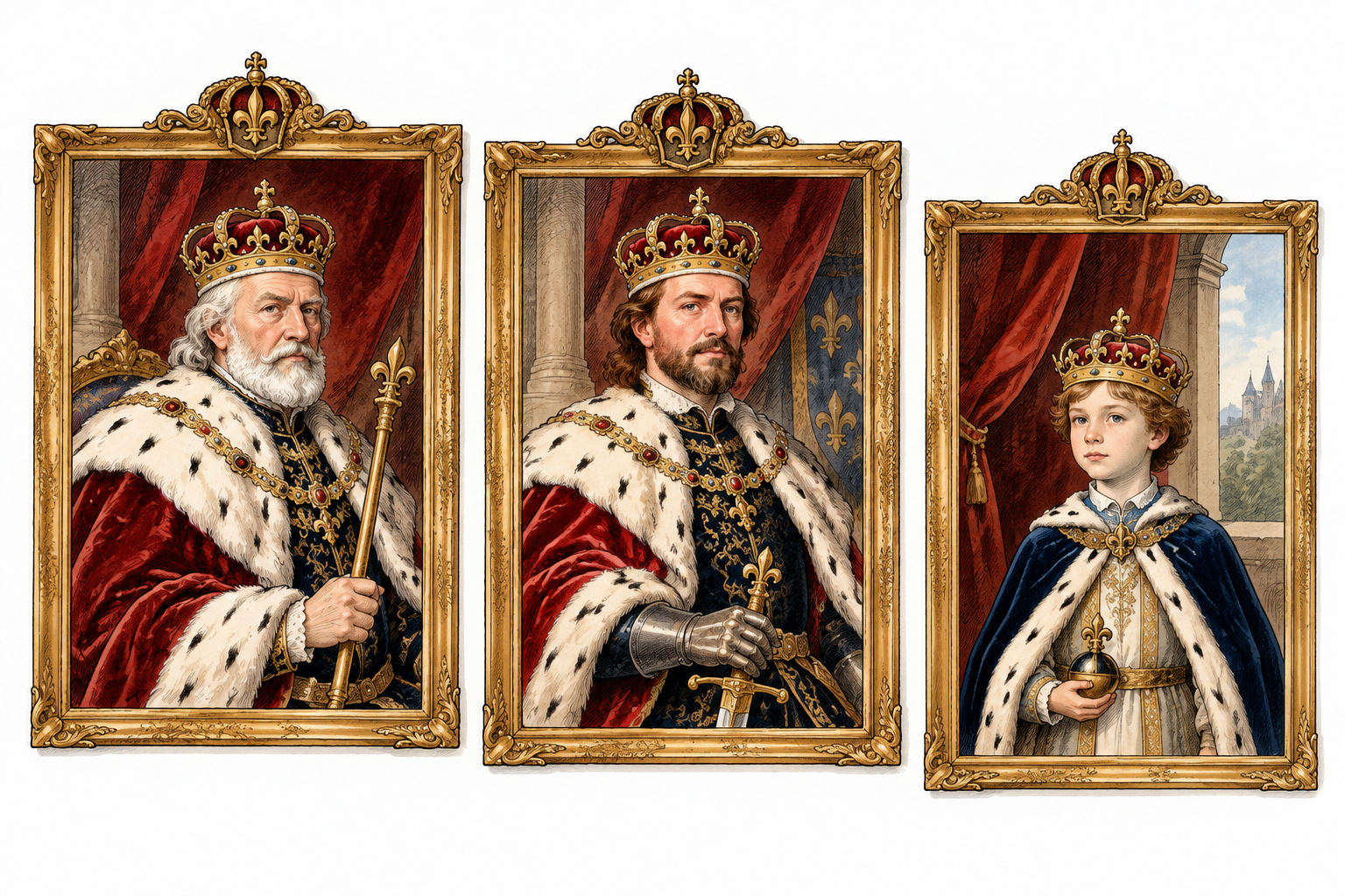 Three successive generations of a royal family represented in adjoining formal portraits with inherited crown motif, historically coherent European court, no words.