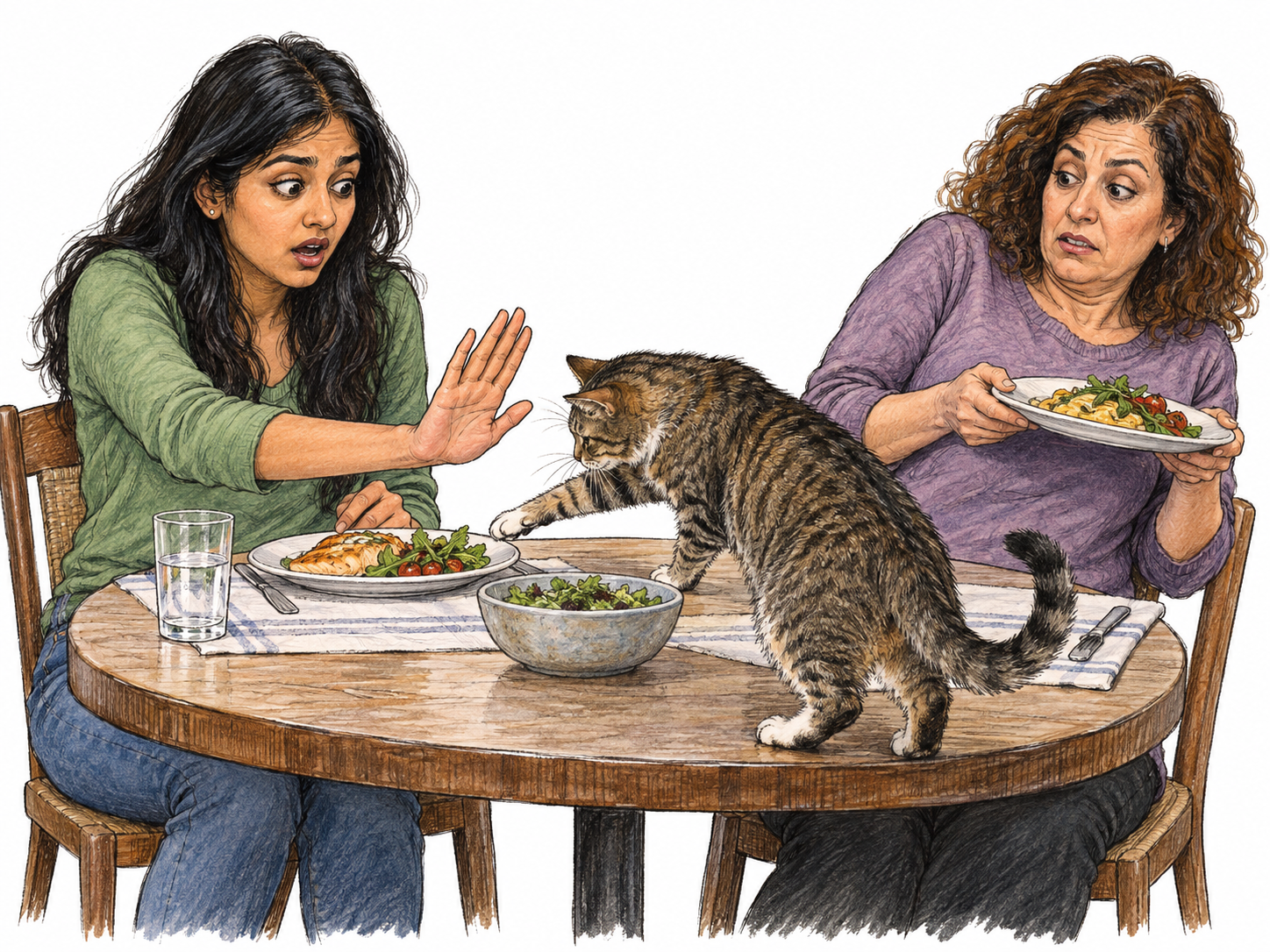 An uninvited cat interrupts a meal for two, climbing onto the table and reaching for food while both diners react with surprise and one tries to block it.