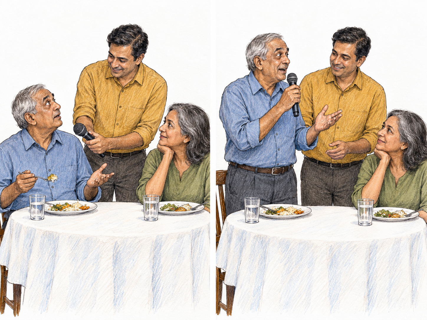 An interrupted diner immediately gives an impromptu address: a compact two-moment sequence makes the unexpected invitation and immediate speaking visibly connected.