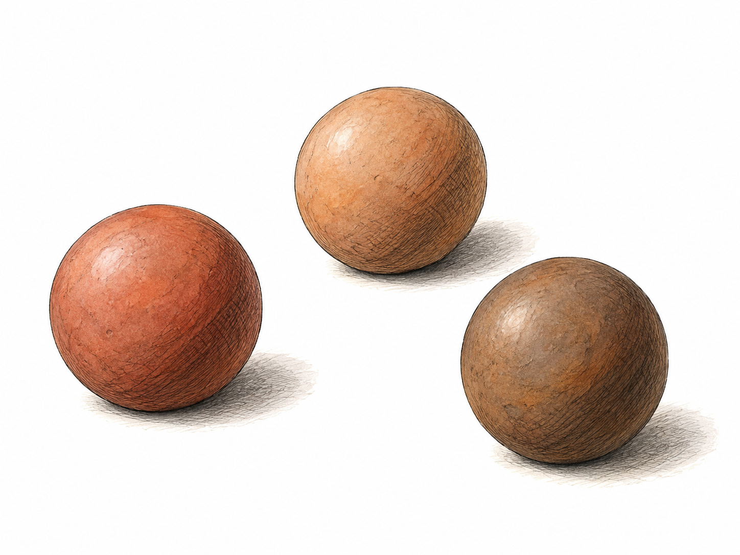 Three small smooth spherical clay beads lie separately, each clearly round like a ball with softly drawn three-dimensional shading; no holes emphasized, no text or extra objects.
