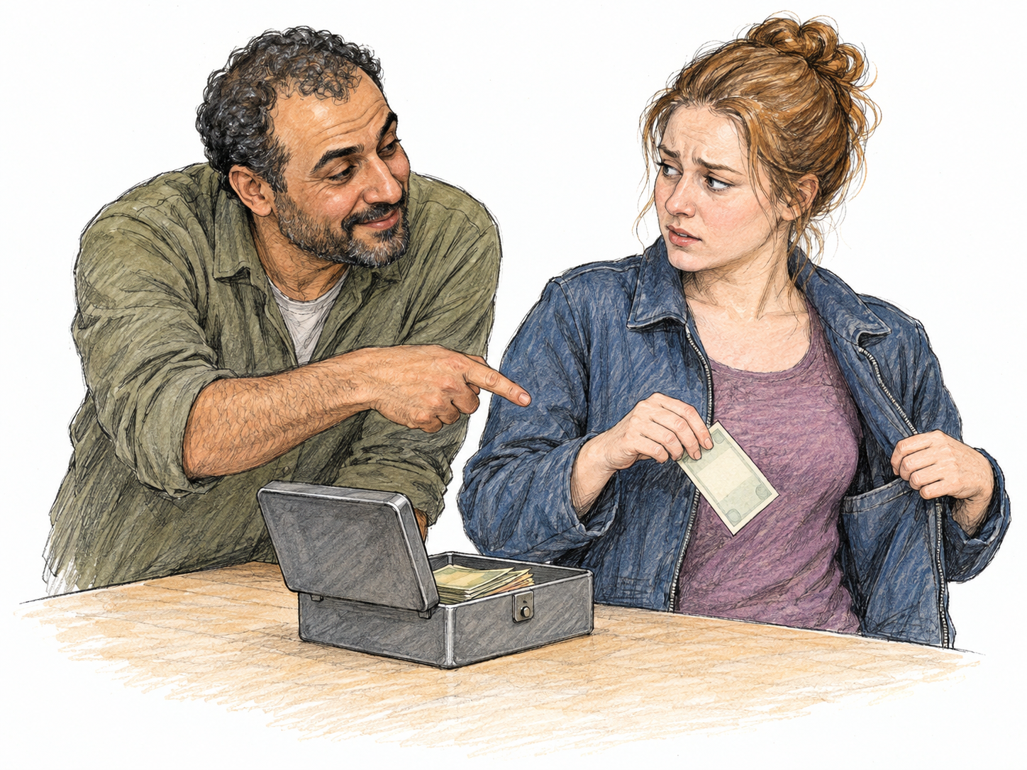 An older accomplice encourages a hesitant young adult to steal from a shared cash box, showing one person drawing another into wrongdoing.