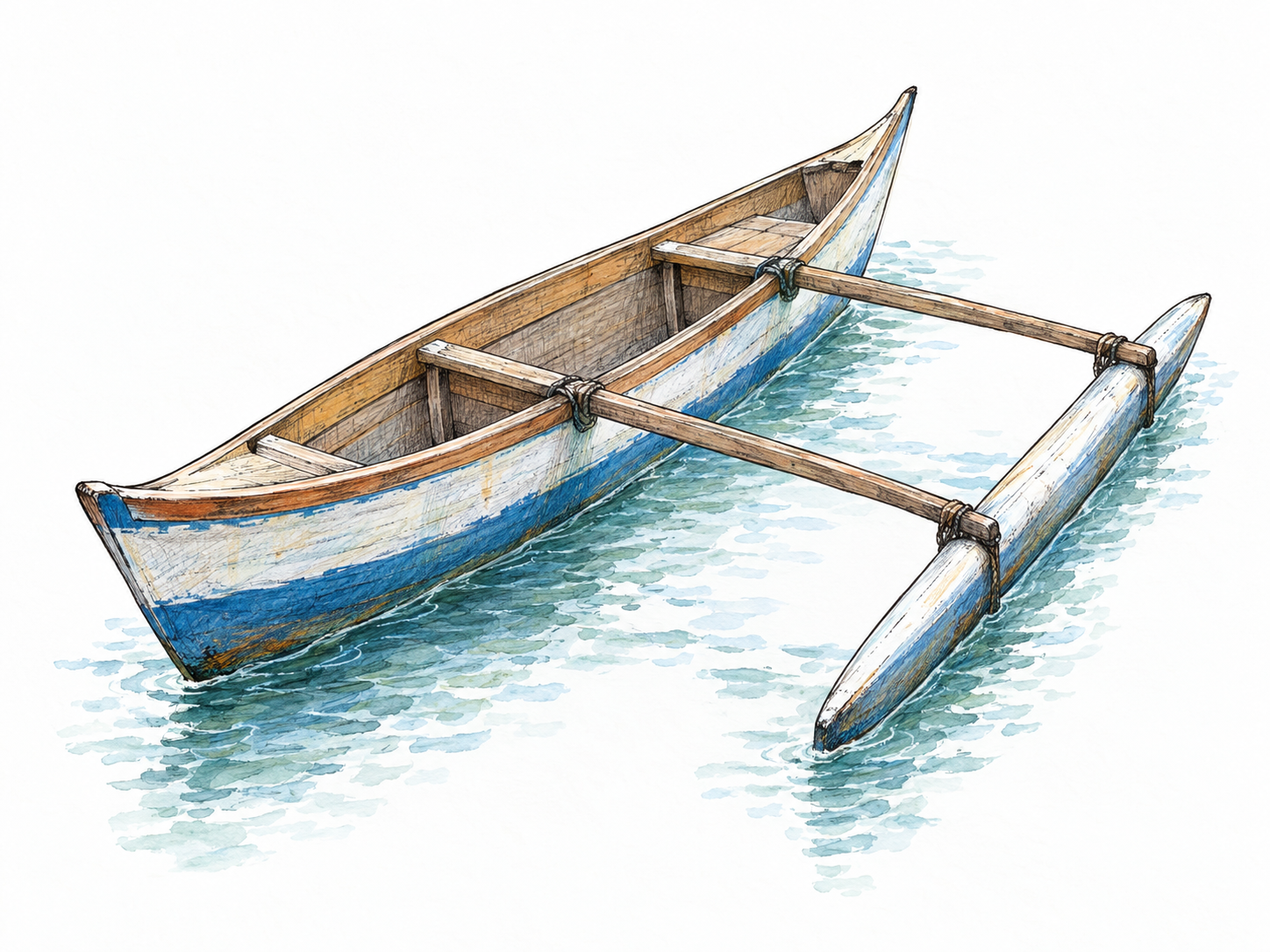 A small unoccupied boat viewed from a raised three-quarter angle, with two outward-projecting crossbeams joining its hull to a narrow parallel float.