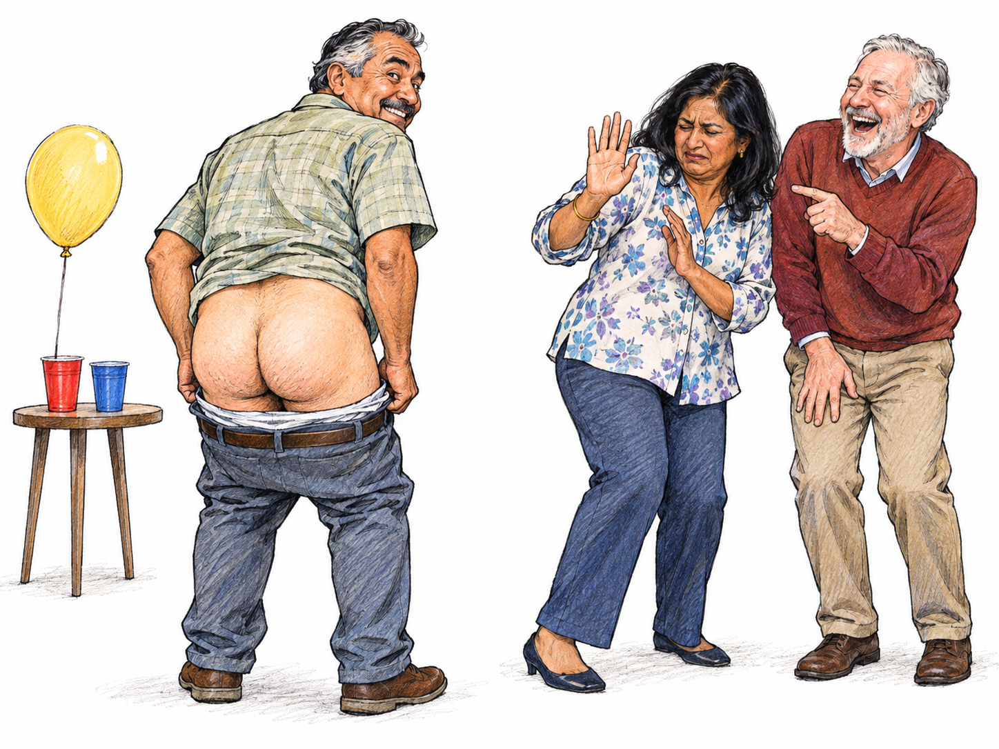 Raunchy behavior: an adult party guest crudely moons two other adults, provoking coarse laughter and embarrassed disapproval.