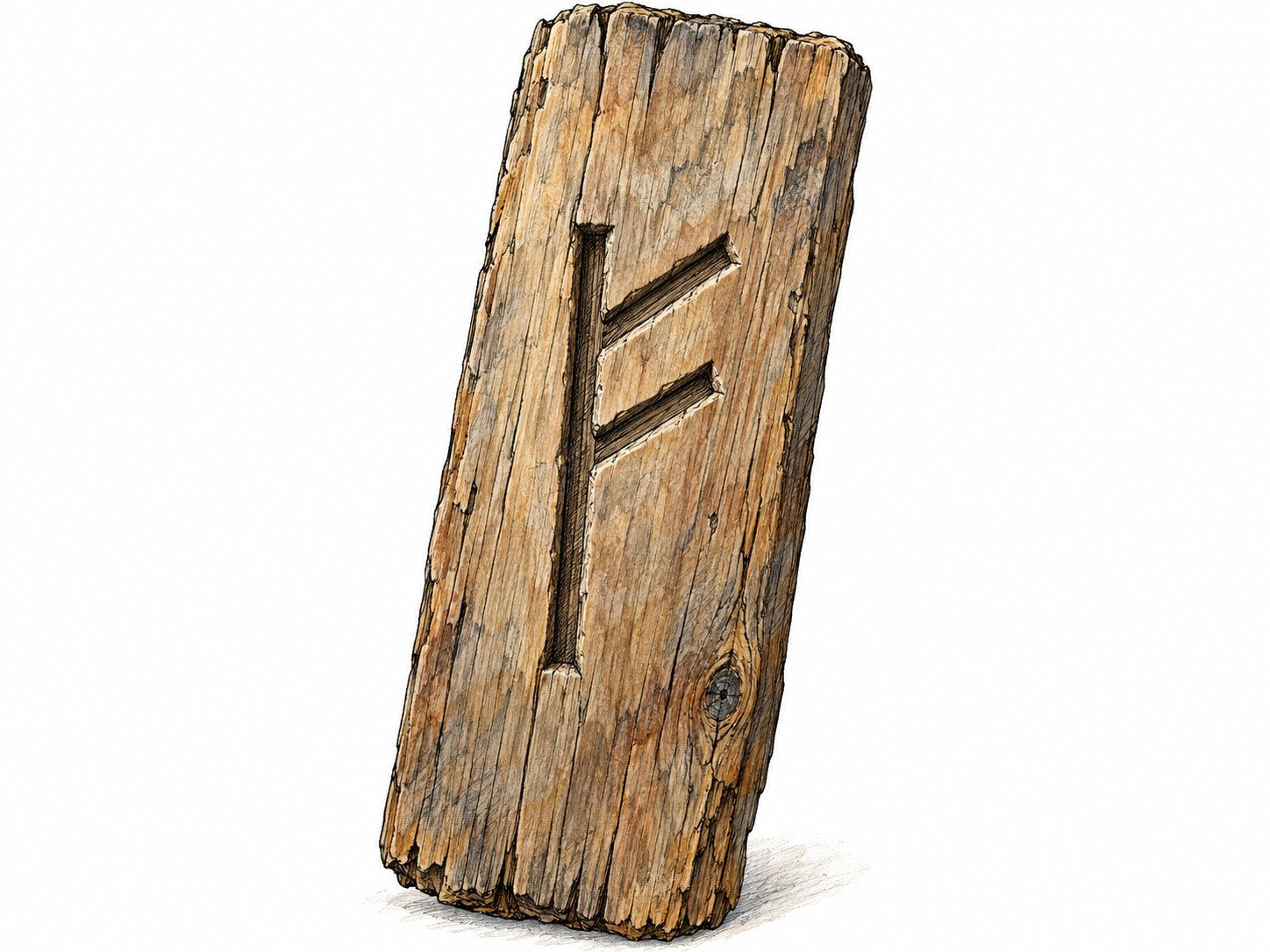 A close view of a weathered wooden stave bearing one clearly carved Elder Futhark rune, ᚠ, with its distinctive upright and two ascending branches immediately readable.