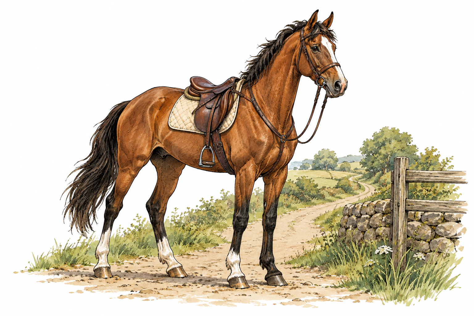 A spirited but calm riding horse with saddle stands ready beside a country path.