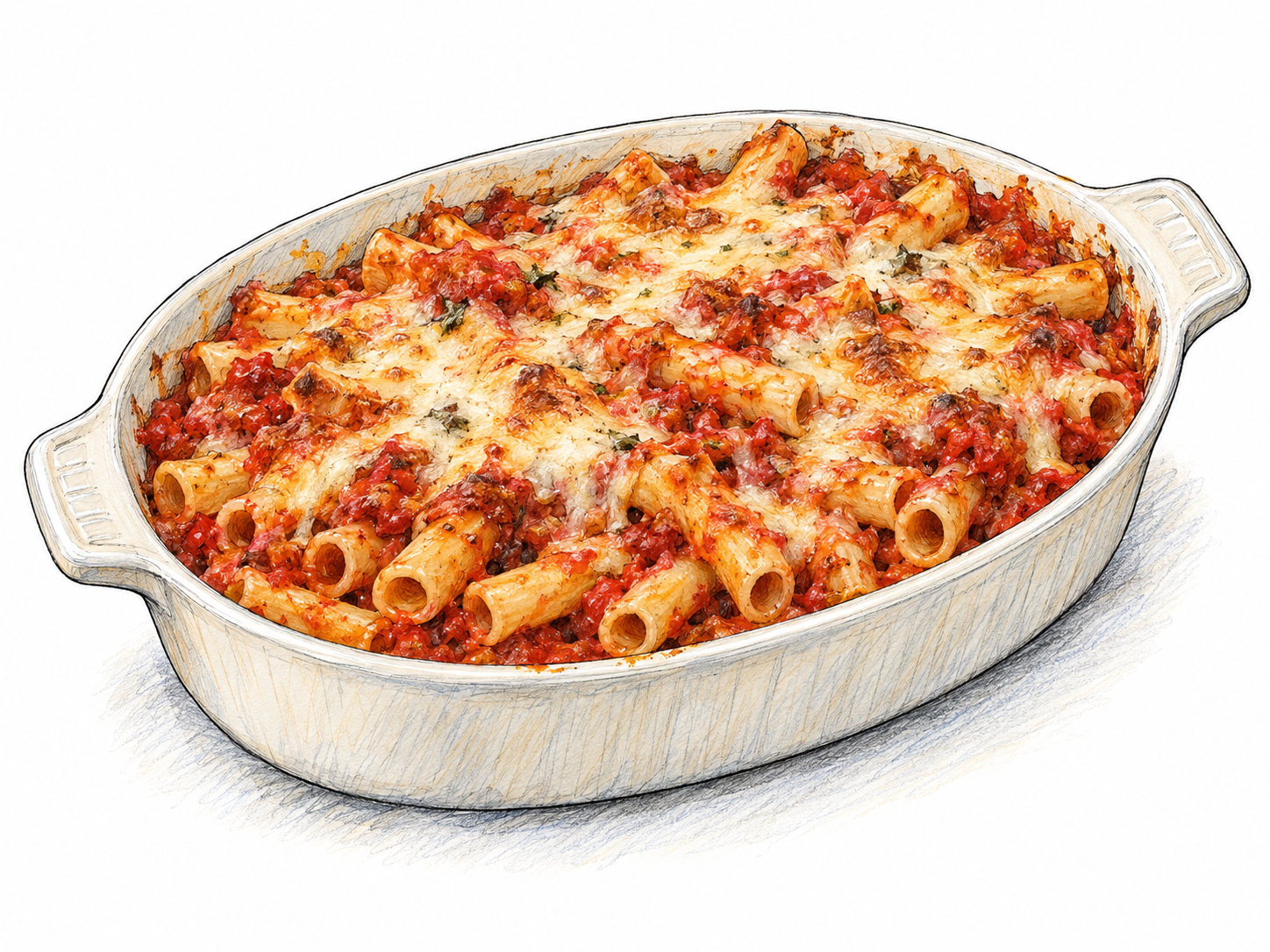 A shallow baking dish of ziti with tomato sauce and lightly browned cheese, with several exposed smooth, straight-cut pasta tubes making their hollow shape unmistakable.