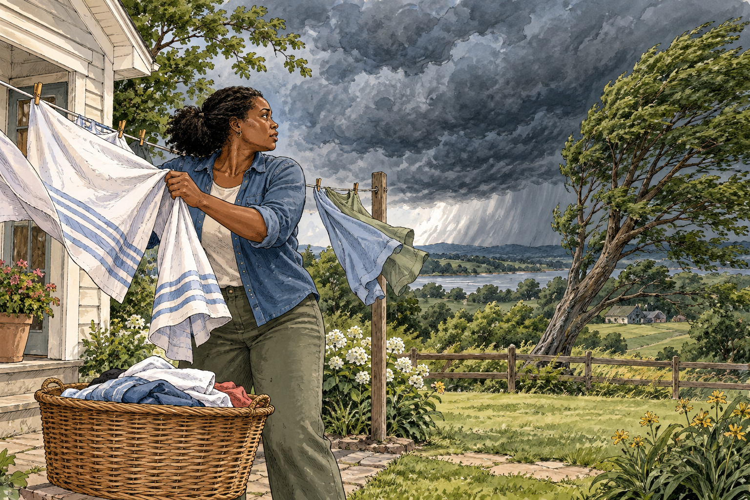 Dark storm clouds and bent tree branches serve as clear signs of approaching severe weather, adult notices and brings laundry in.