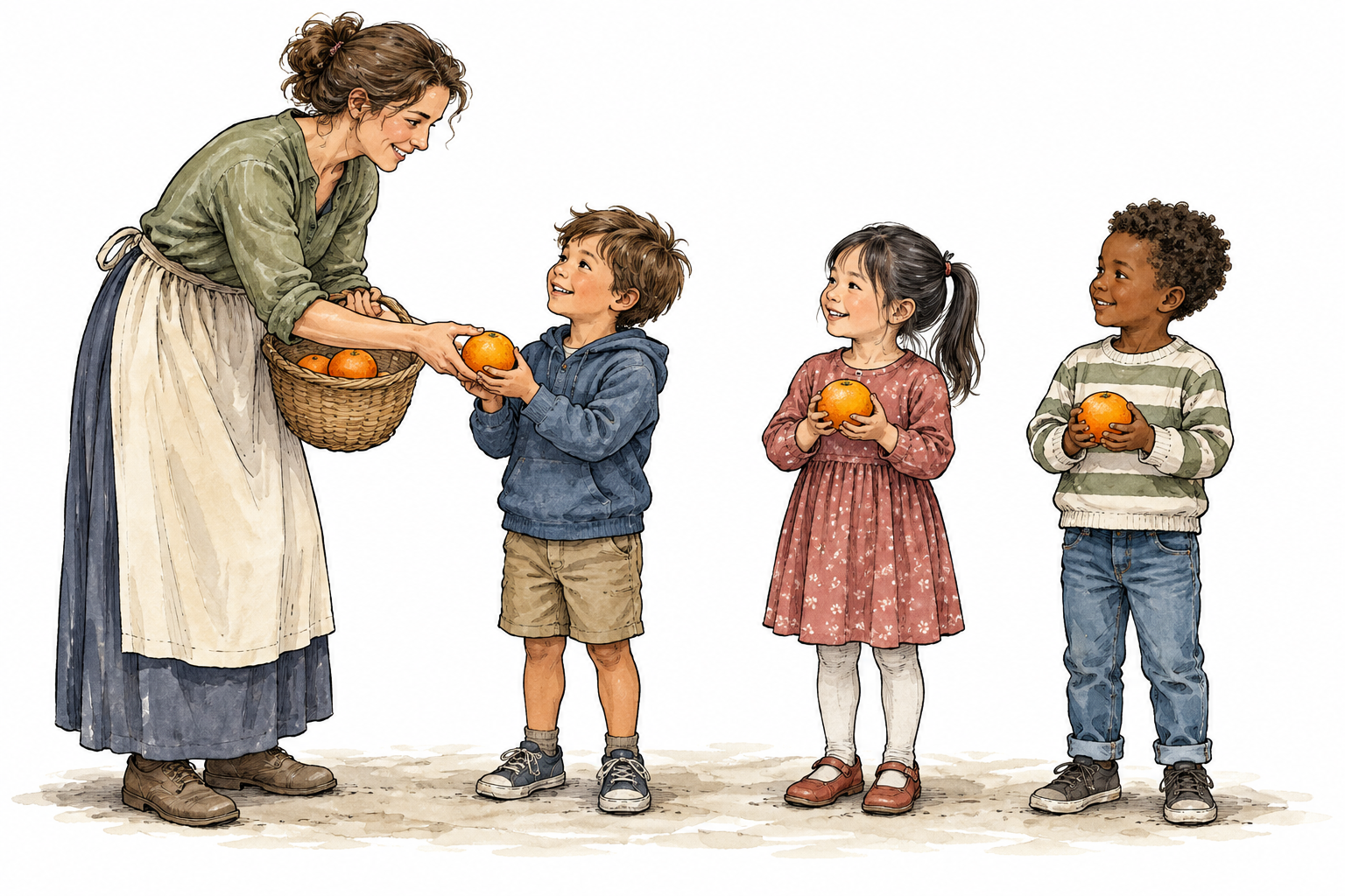Three children each receive exactly one orange from an adult, each child visibly holds one orange, equal separate distribution.