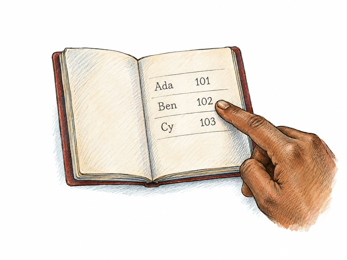 An open compact directory booklet viewed close enough to read exactly three organized entries: Ada 101, Ben 102, Cy 103, one entry per line.