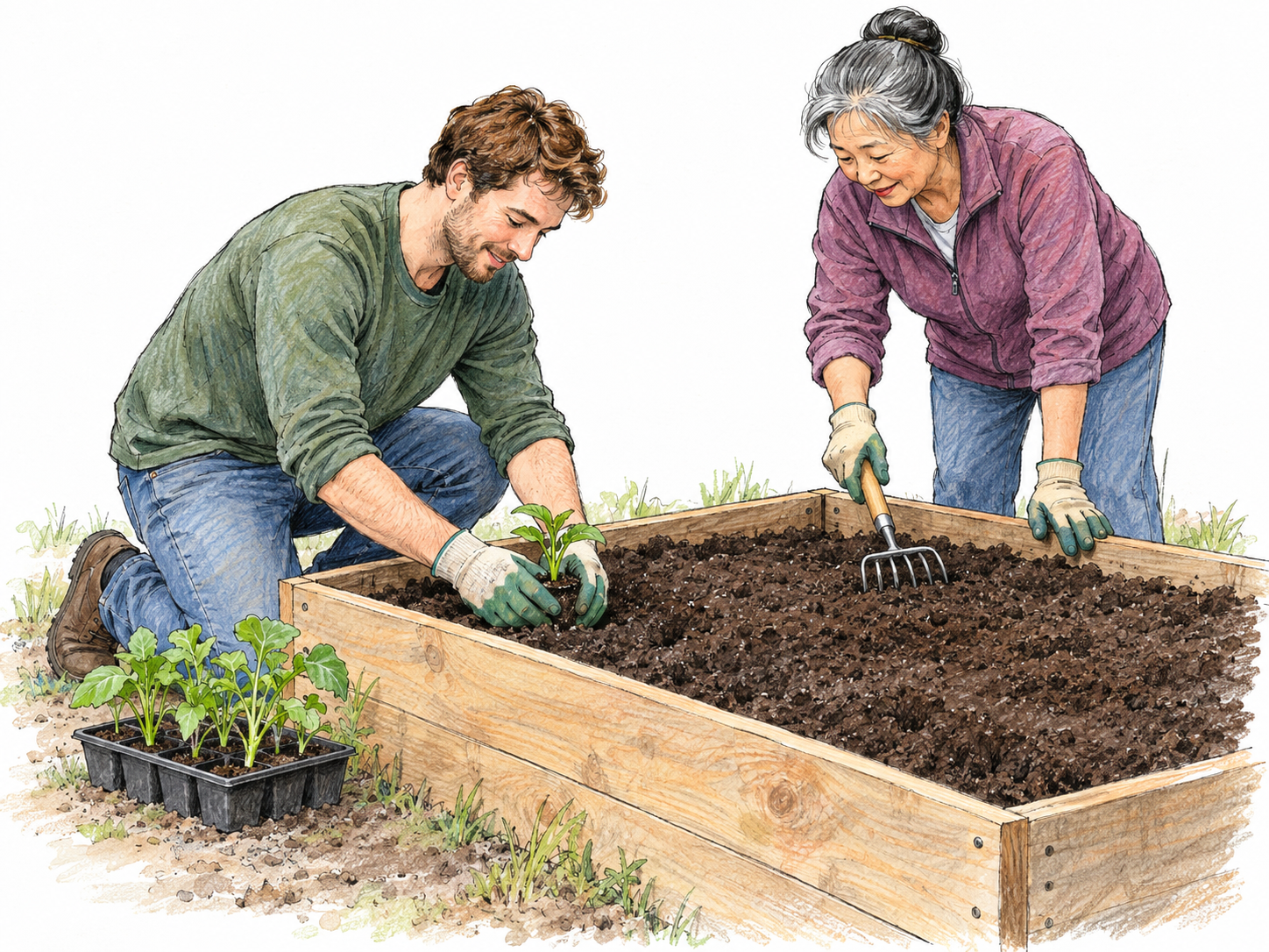 Two people establish a small community garden by preparing a new raised bed and planting its first seedlings.