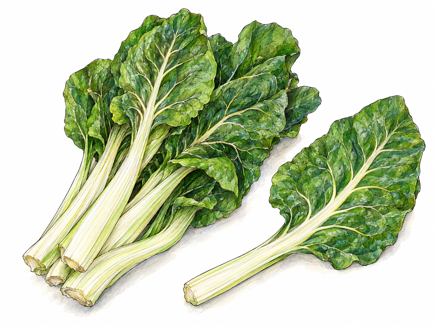 A small loose bunch of fresh chard with broad, crinkled green leaves and thick pale stalks, one stalk separated slightly to make its shape clear.