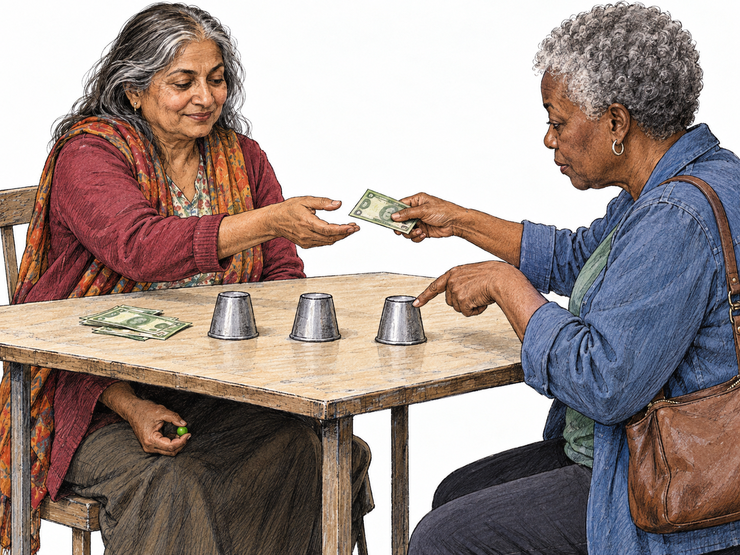A rigged shell game: a player stakes money and selects one of three opaque cups while the operator secretly holds the game's pea beneath the table, making the wager dishonest.