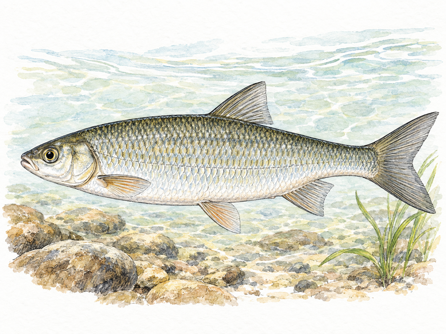 A single common dace shown in clear side profile in a shallow freshwater stream, with its slender silvery body and small fins clearly readable above a few rounded pebbles.