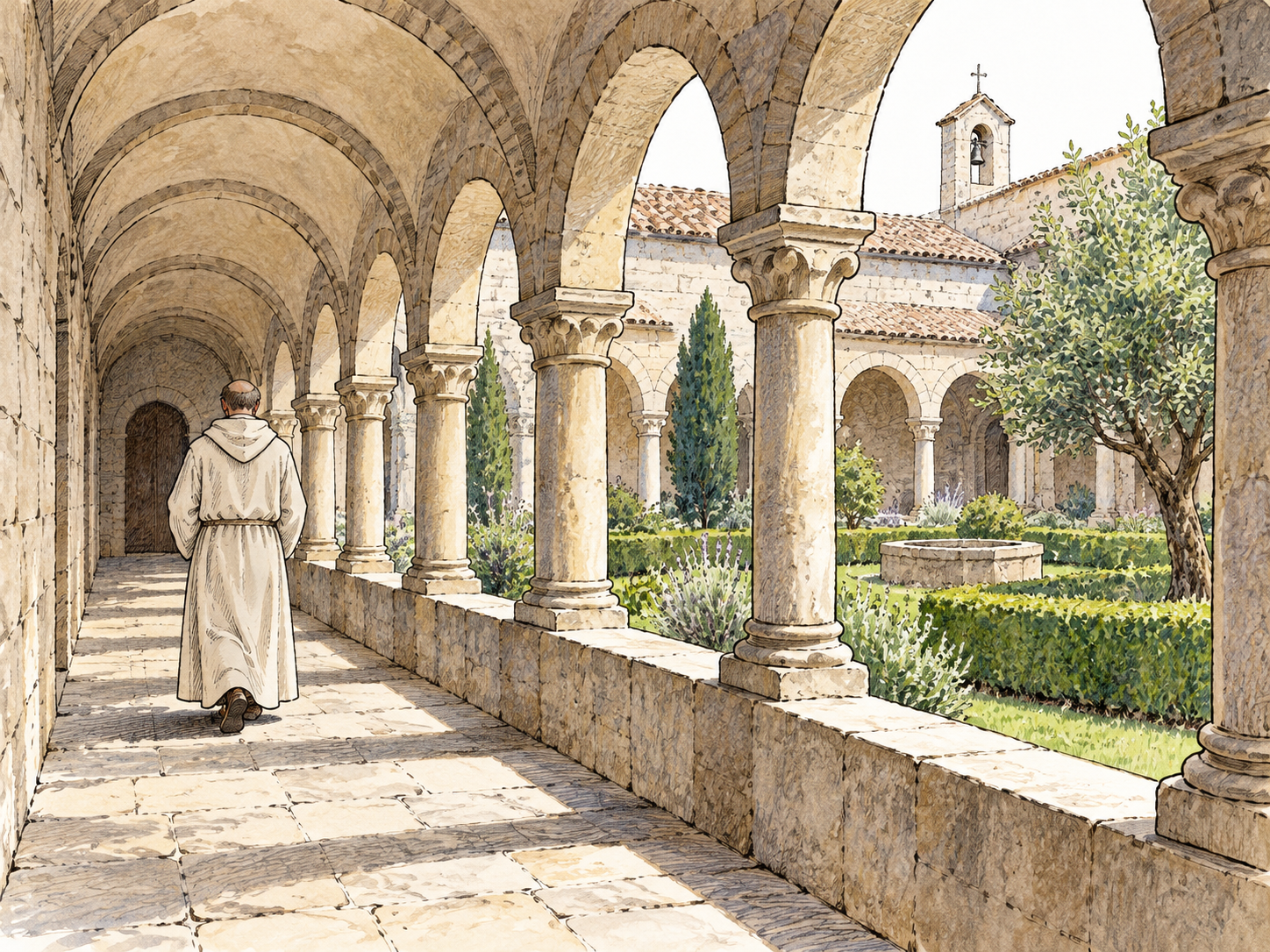 A covered stone arcade walkway surrounds a quiet monastery garden courtyard, repetitive arches and sheltered path, no signs or writing.