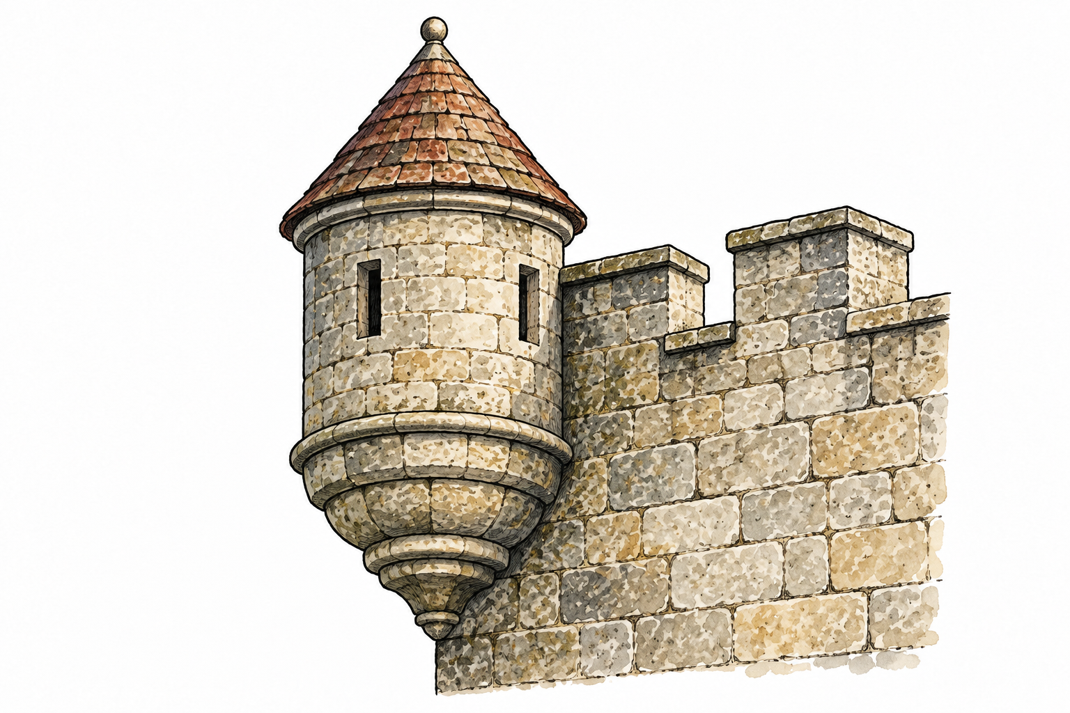 A small round turret projecting from the corner of a castle, conical roof and stone wall clear.
