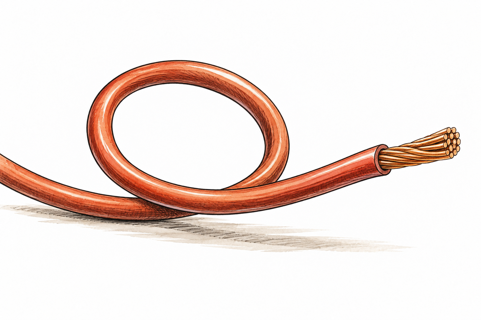 A flexible copper wire bends into a gentle loop, clean cut end reveals metal core, no people.