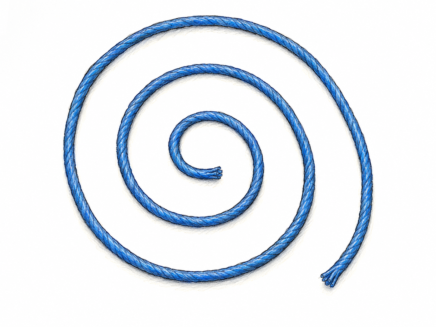 A single blue cord arranged flat in a smooth open spiral, winding outward from a central endpoint with steadily increasing distance from the center.