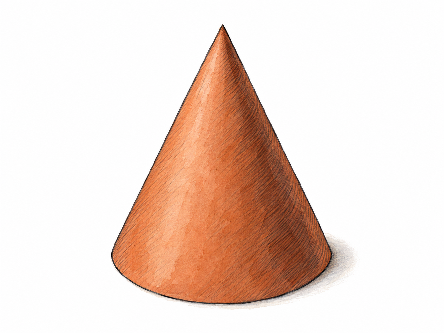 A single upright solid geometric cone with a sharp apex, straight tapering sides, and a clearly visible circular base, demonstrating the cone-shaped sense.
