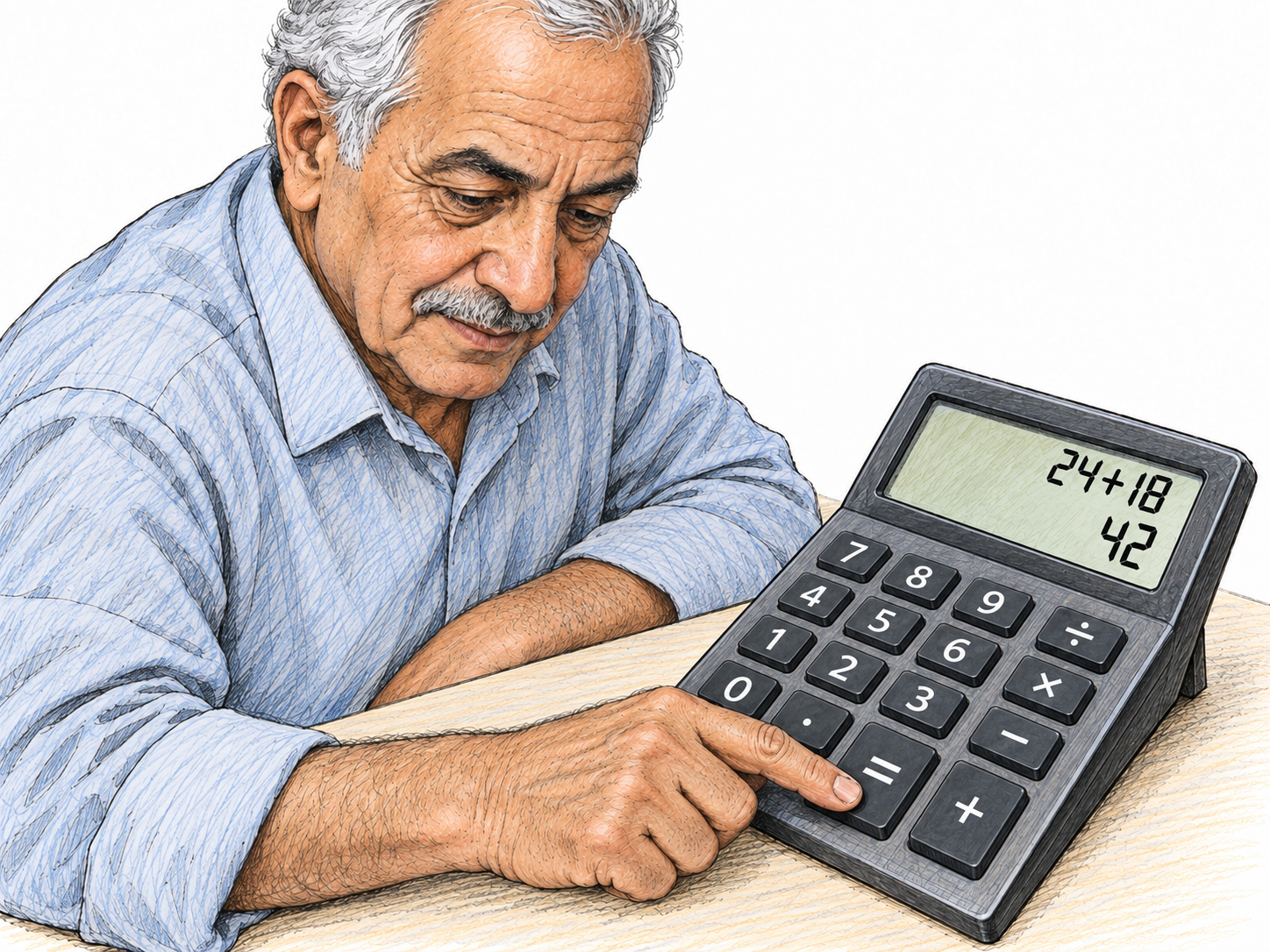 An older man calculates a simple addition on a large desktop calculator; its readable arithmetic display and his finger pressing the equals key make calculation visible rather than merely suggesting computer use.